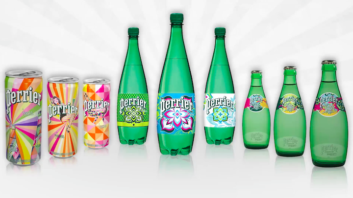 A new Perrier initiative called the Street Art Collection. Three world-renowned street artists have designed the new Perrier packaging. Each brought their own creative style to dress the iconic green bottle