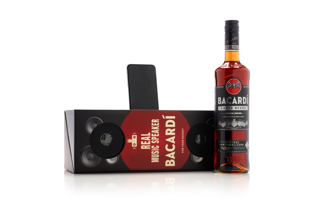 Bacardi Carta Negra Black Rum is available in a box with speakers. Manufactured by MW Luxury Packaging