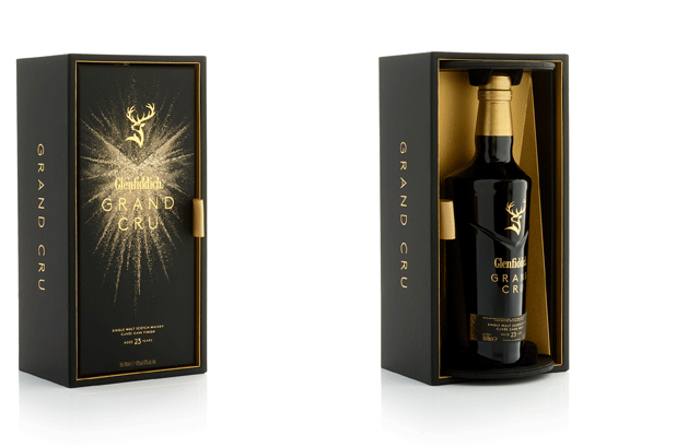 Glenfiddich é conhecido por suas criações de edição limitada; o mais recente é o Grand Cru : um single malte de 23 anos acabado em barris de cuvée franceses. Este whisky é apresentado em estojo fabricado pela GPA Luxury . GPA Luxury criou a estrutura: uma caixa de papelão rígido premium com compartimento central giratório. A frente do pacote é adornada com um spray de ouro e prata impressionante; também apresenta a marca Glenfiddich Grand Cru em relevo. O toque final é uma fita de gorgorão dourada que permite ao usuário remover o painel frontal e girar suavemente a embalagem para abrir. No interior