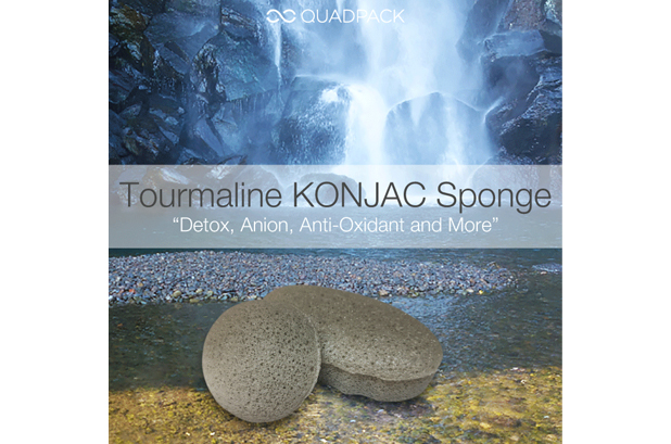 Quadpack's new Tourmaline Konjac sponge exploits the power of negative ions with high-end tourmaline powder sourced from Brazil. Hot water and friction maximize its beneficial effects