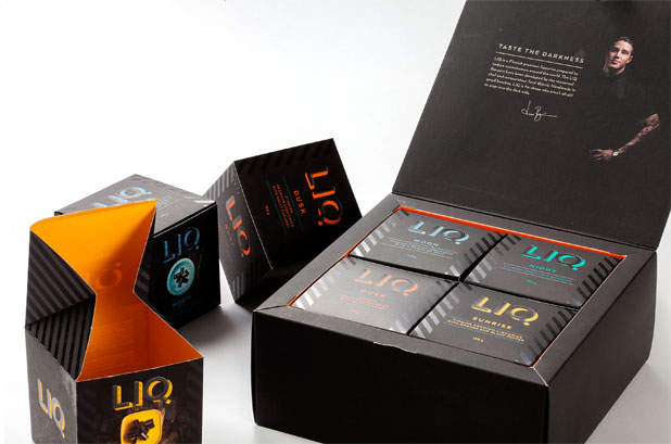 This premium liquorice gift box is an ingenious folding cardboard packaging made by Van Genechten Packaging and awarded the European Carton Excellence award . Box