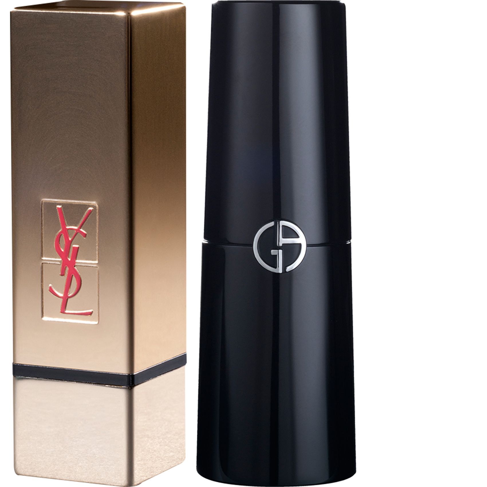 Yves Saint Laurent Pure Couture is a gold lipstick based on the YSL design and developed by Axilone. The perfectly angled cubic design is made of aluminum and the lid is deeply etched. The decoration is anodized gold. The logo is partially engraved and covered with red silkscreen. For the new take on Armani's sculptural and magnetic lipstick