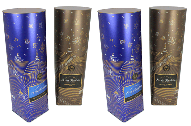 The prestigious champagne brand Nicolas Feuillatte commissioned Crown Aerosols & Promotional Packaging Europe to create a limited edition can . The result is an all-metal container that eliminates the need to insert a piece of plastic to hold the bottle. The Crown Design Team of Mansfield, UK