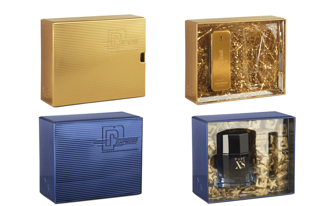These Paco Rabanne Christmas coffrets made of embossed tin by Cosfibel are designed to evoke corrugated cardboard packaging. In classic and collection versions