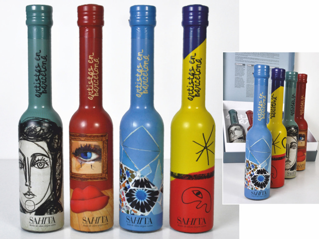 Ovelar因Sahita的特级初榨橄榄油“ Artistas en elMediterráneo”系列的套筒的创新标签而获得了2015年IPA金奖。 四个瓶子展示了毕加索的作品
