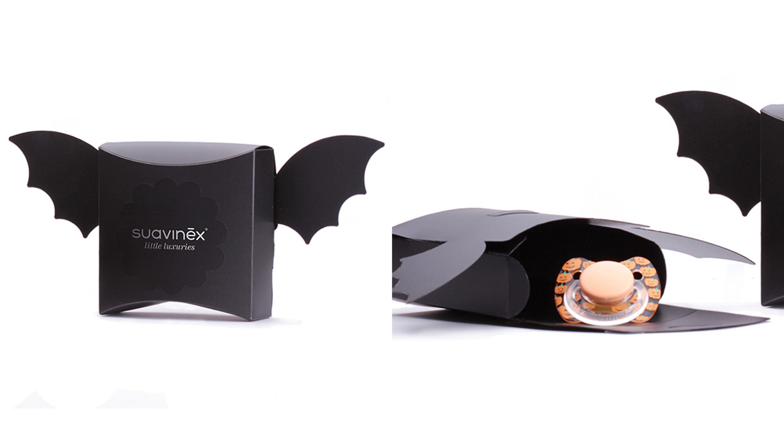 Visualpack insieme a Suavinex ha sviluppato una confezione regalo personalizzata e in edizione limitata per la celebrazione di Halloween: ciucci con divertenti zucchine in contenitori a forma di pipistrello. È una robusta scatola di plastica per la spedizione tramite vendita online come regalo per ciucci a collezione limitata. La scatola a forma di pipistrello conferisce al regalo un'identità unica e accattivante oltre a proteggere i ciucci durante il trasporto grazie alla loro elevata resistenza contro altri materiali.