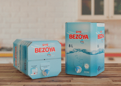 Achteckiger Behälter aus Wellpappe für Bezoya-Mineralwasser