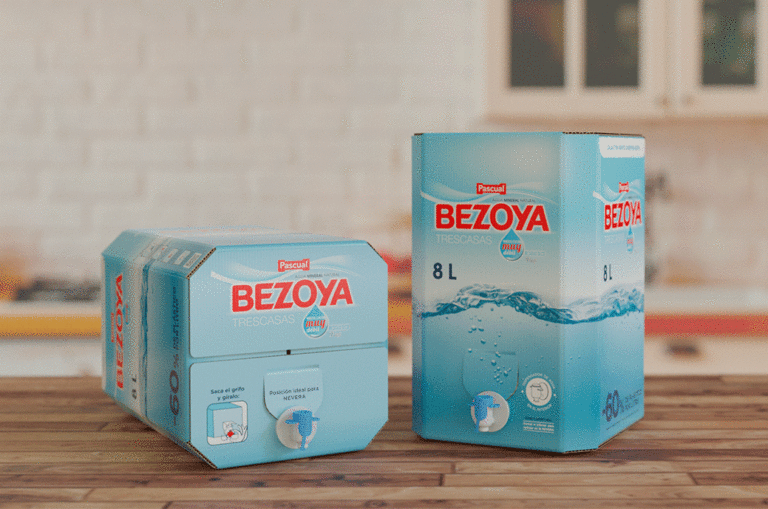 Octagonal corrugated cardboard container for Bezoya mineral water